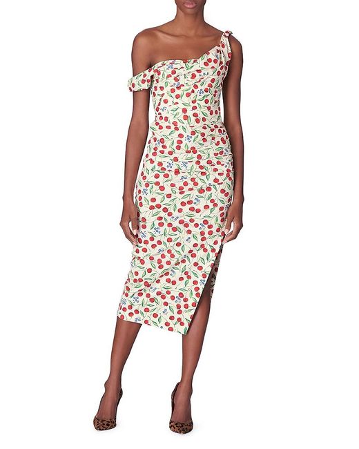 Carolina Herrera Multicolor Cherry Print One Shoulder Midi Dress