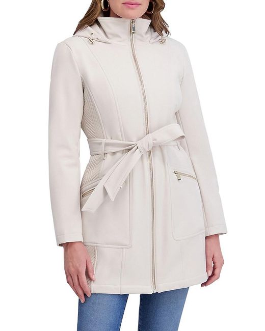 Kensie White Hood Belted Softshell Jacket