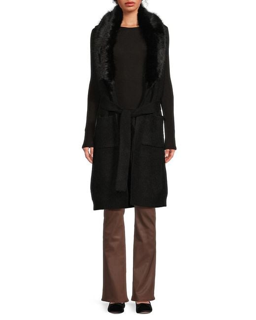 Saks Fifth Avenue Black Faux-fur-trim Longline Cardigan