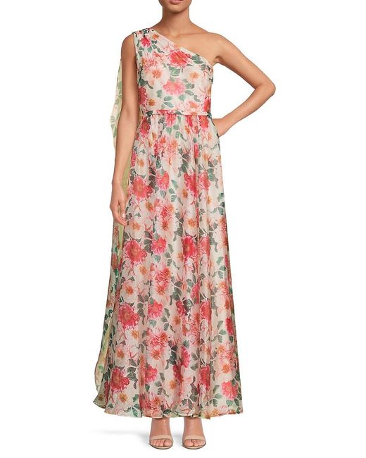 Mikael Aghal Red Floral One-shoulder Gown
