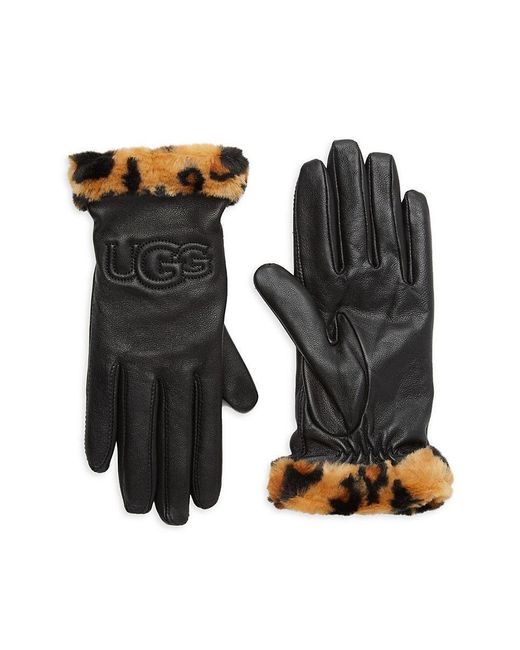 UGG Logo Leather & Faux Fur Cuff Gloves in Black Lyst