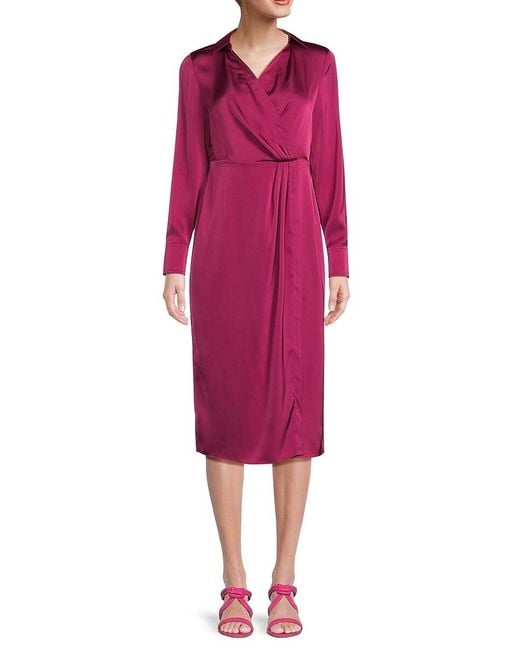Nicole Miller Red Solid Faux Wrap Satin Dress