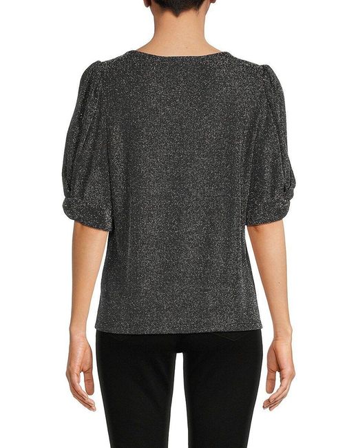 St. John Dkny Metallic Puff Sleeve Top in Black | Lyst