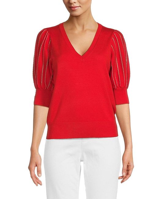 Karl Lagerfeld Red Puff Sleeve Sweater