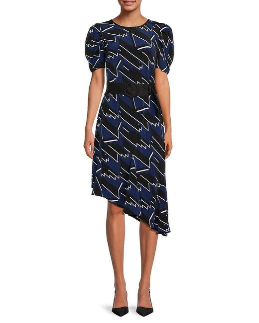 Karl Lagerfeld Blue Abstract Print Asymmetric Belted Dress