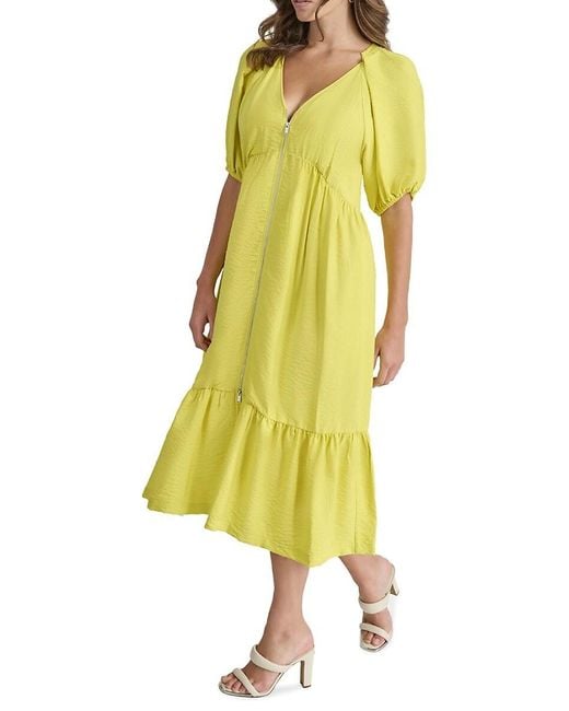 DKNY Yellow Puff-Sleeve Zip-Front Woven Dress