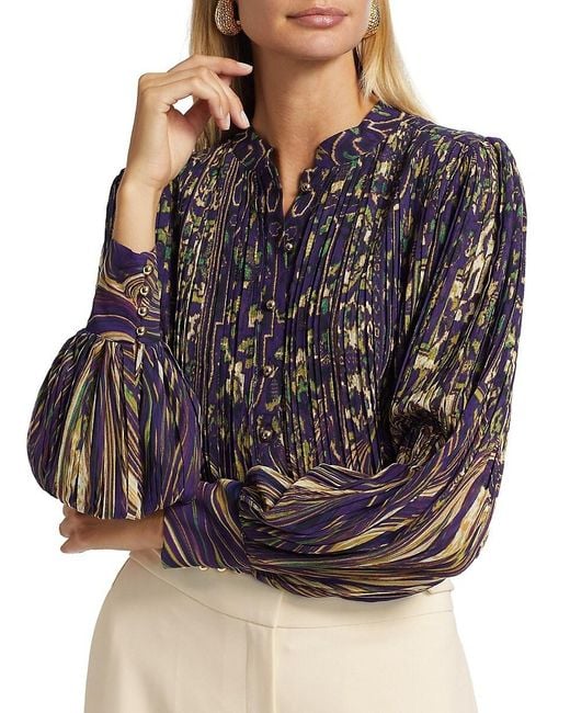 Tahari Black Abbey Pleated Abstract Chiffon Blouse