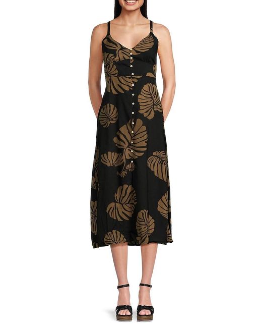 Vintage Havana Black 'Leaf Print Sleeveless Midi Dress