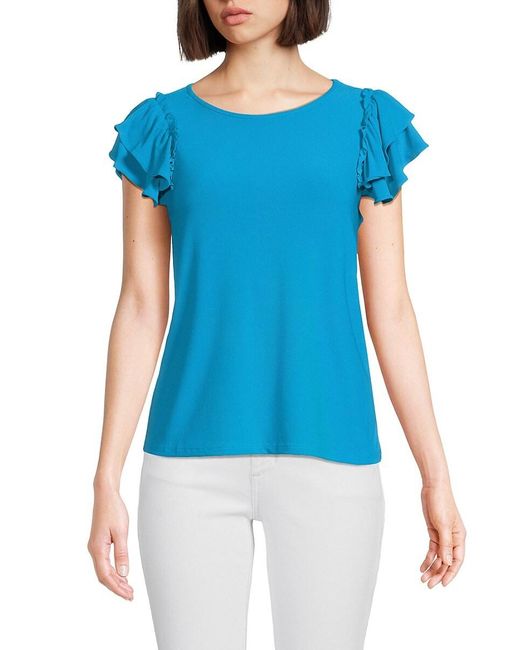 Philosophy By Republic Blue Ruffle Sleeve Crepe Top