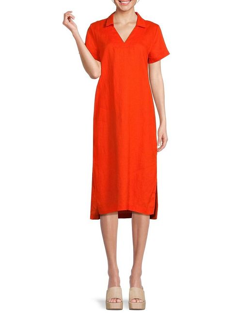 Saks Fifth Avenue Red 100% Linen Midi Shift Dress