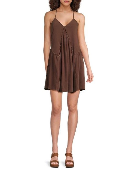 Noisy May Brown Asymmetric Spaghetti-Strap Minidress