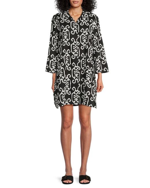 La Moda Clothing Black Printed Cotton Mini Cover-Up Shirtdress
