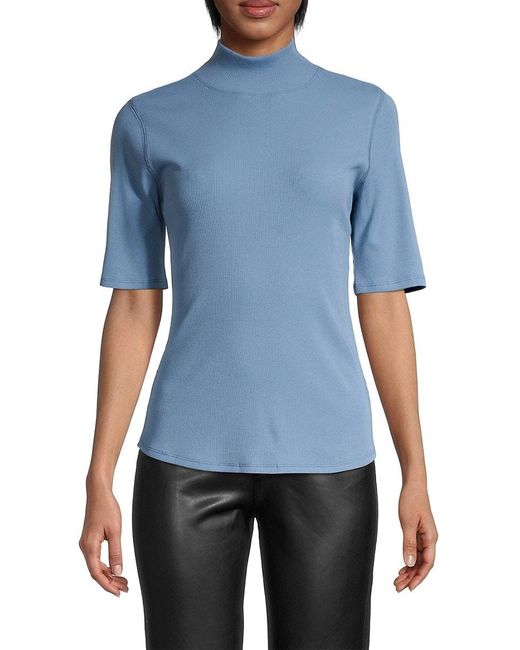 Elie Tahari Cotton Rib-knit Mock Neck Top in Blue | Lyst