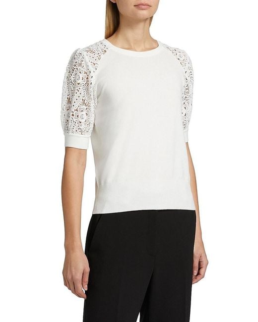 Tahari White Felicity Crochet-sleeve Sweater