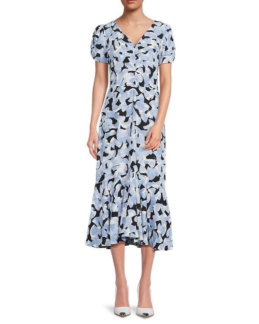 Halston Heritage Blue Center Ruched Floral Midi-Dress