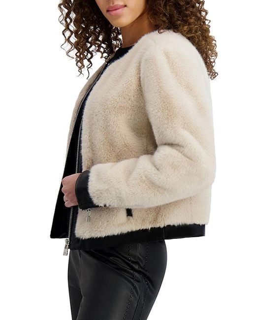 Karl Lagerfeld Multicolor Collarless Faux Mink Jacket With Faux Leather Trim