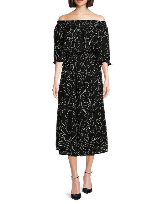 Bobeau Black Print Off Shoulder Midi Dress