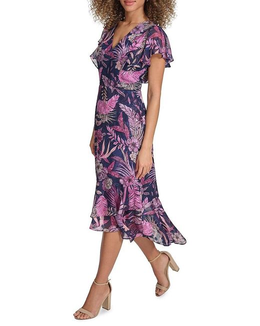 Kensie Purple Flutter Sleeve Midi-dress