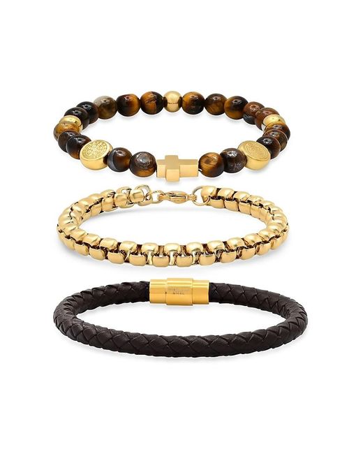 Anthony Jacobs White 3-Piece 18K Plated, Stainless Steel, Leather & Tiger Eye Bracelet Set for men