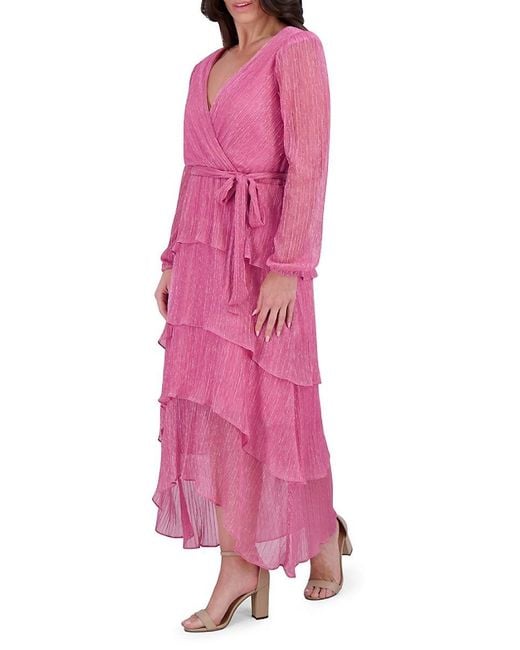 Kensie Pink Metallic Pleated Tiered Midi-Dress