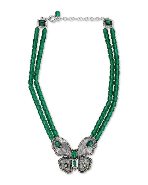 Eye Candy LA Green Azura Silvertone Butterfly Pendant Beaded Necklace