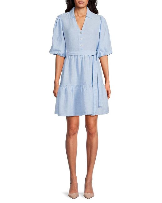Saks Fifth Avenue Blue Belted 100% Linen Mini Dress
