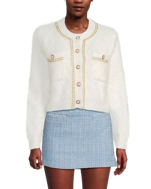 Lea & Viola White Crewneck Braided-Trim Cardigan