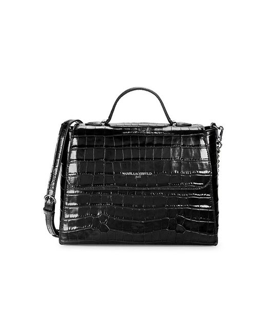 Karl Lagerfeld Black Charlotte Croc Embossed Leather Satchel