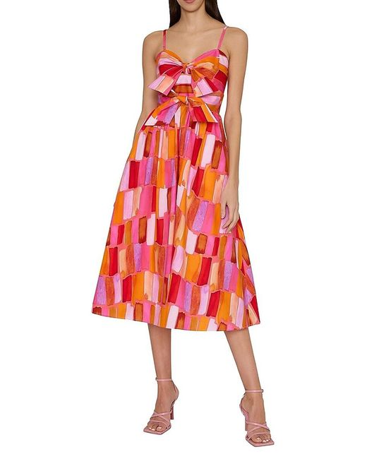 MILLY Red Natasha Printed Stretch Cotton Poplin Midi-Dress