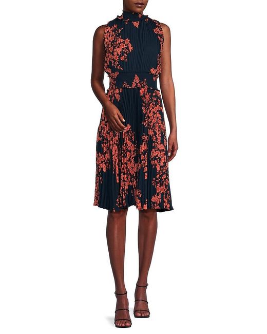 Nanette Lepore Red Pleated Floral Fit & Flare Midi Dress