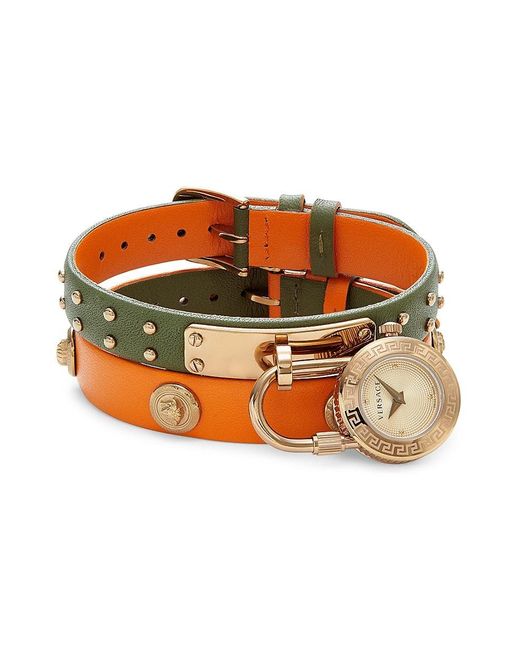 Versace Orange Goldtone Stainless Steel & Double Leather-strap Padlock Watch