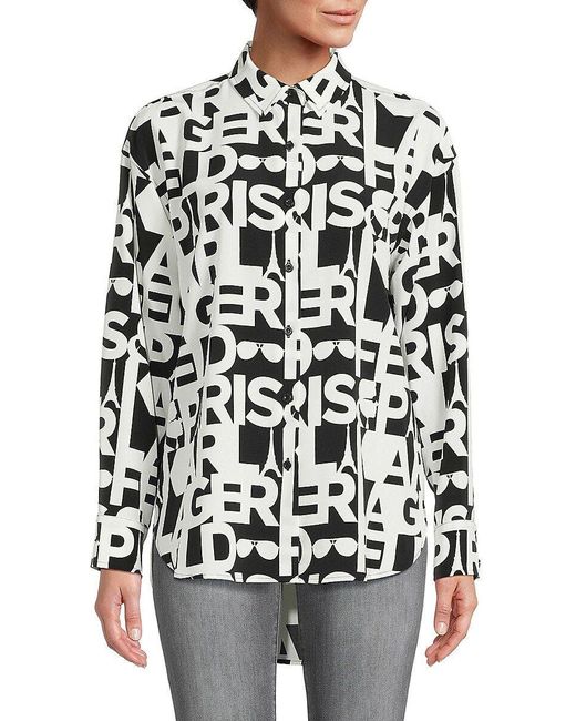 Karl Lagerfeld Logo Print High Low Button Down Shirt in White Lyst