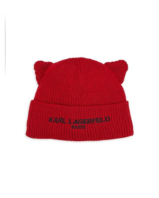 Karl Lagerfeld Red Logo Faux Fur Lined Beanie