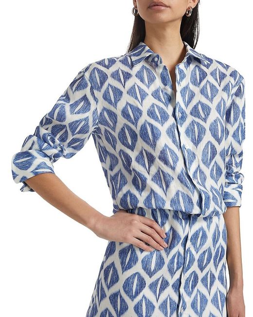 If Only Studio Blue Ikat-Inspired Printed Linen Shirtdress