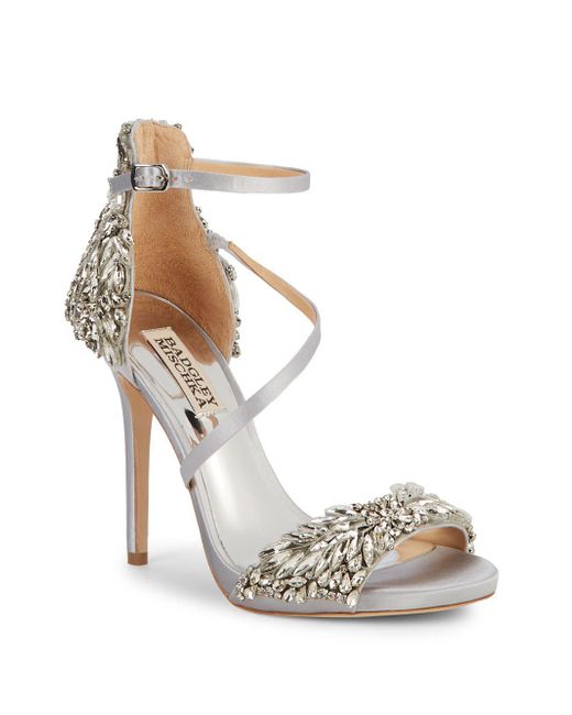 Badgley Mischka Selena Bejeweled Stiletto Sandals in Gray | Lyst