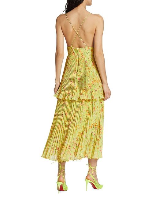 AMUR Yellow Nico Floral Pleated Tiered Midi Dress
