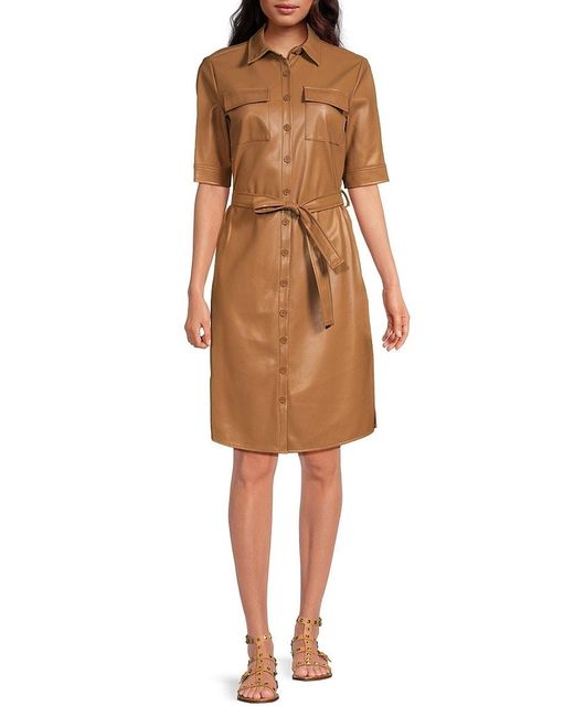 Calvin Klein Natural Belted Faux Leather Shirtdress