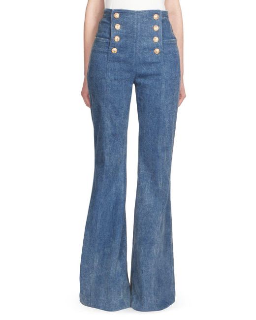 Balmain High Waisted Bell Bottom Jeans in Blue | Lyst