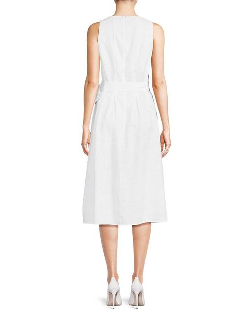Saks Fifth Avenue White Squareneck Belted 100% Linen Midi Dress