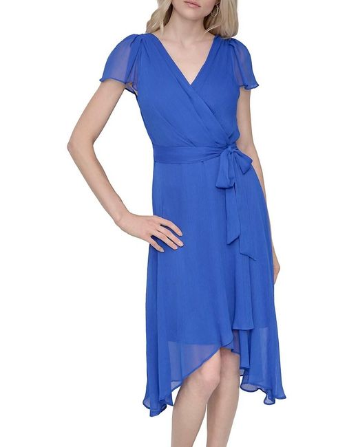 DKNY Blue Belted Faux Wrap Midi-Dress