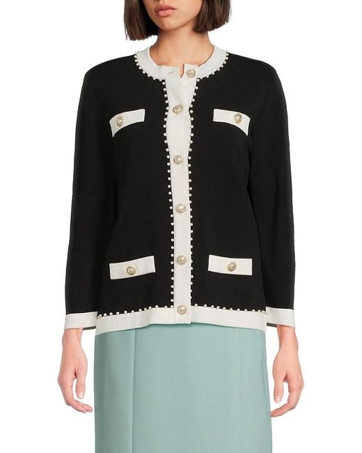Karl Lagerfeld Black Contrast Trim Pearl-Button Knit Cardigan