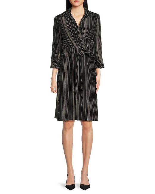 Calvin Klein Black Striped Belted Wrap Dress