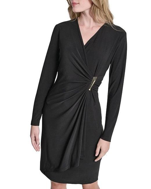 DKNY Black Surplice Knee-Length Minidress