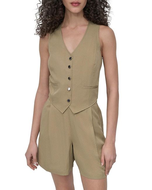 DKNY Green Sleeveless Button-Front Twill Romper