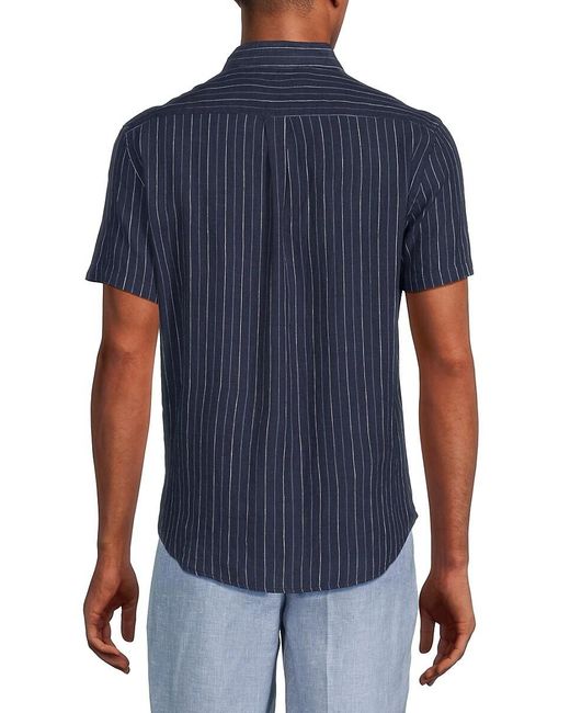 Report Collection Blue Short Sleeve Striped Linen Button Down Shirt for men