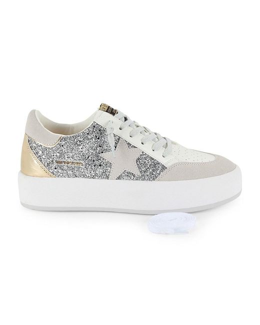 Vintage Havana White Sandy Leather & Faux Leather Embroidered Sneakers