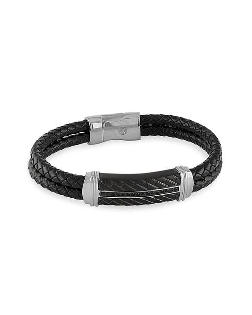 Esquire Black Leather & 0.1 Tcw Diamond Braided Bracelet for men