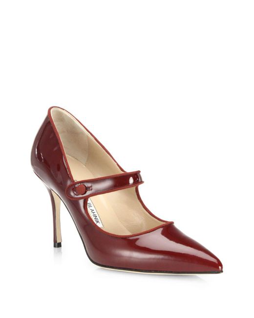 Manolo Blahnik Red Campari Patent Leather Mary Jane Pumps