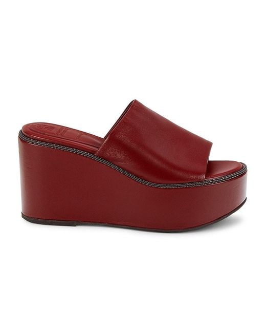Brunello Cucinelli Leather Platform Wedge Sandals in Dark Red (Red ...