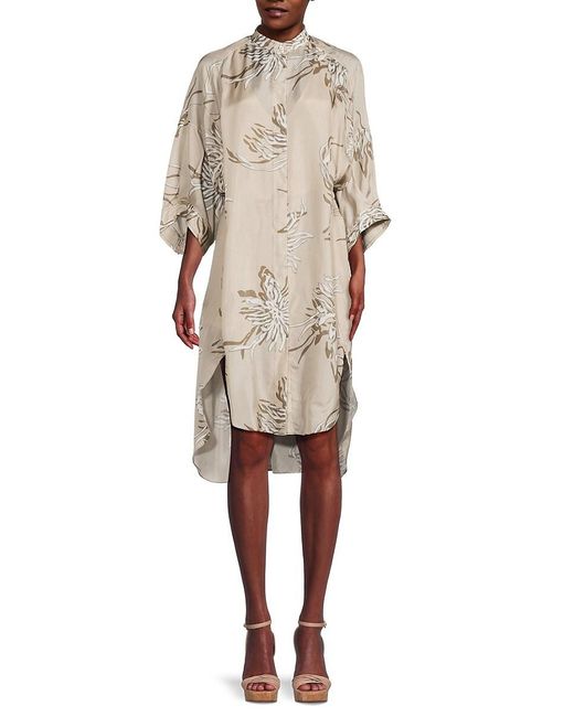 Brunello Cucinelli Natural 'Print Band Collar Silk Knee Length Dress
